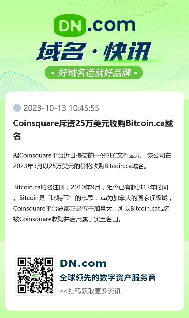 Coinsquare斥资25万美元收购Bitcoin.ca域名