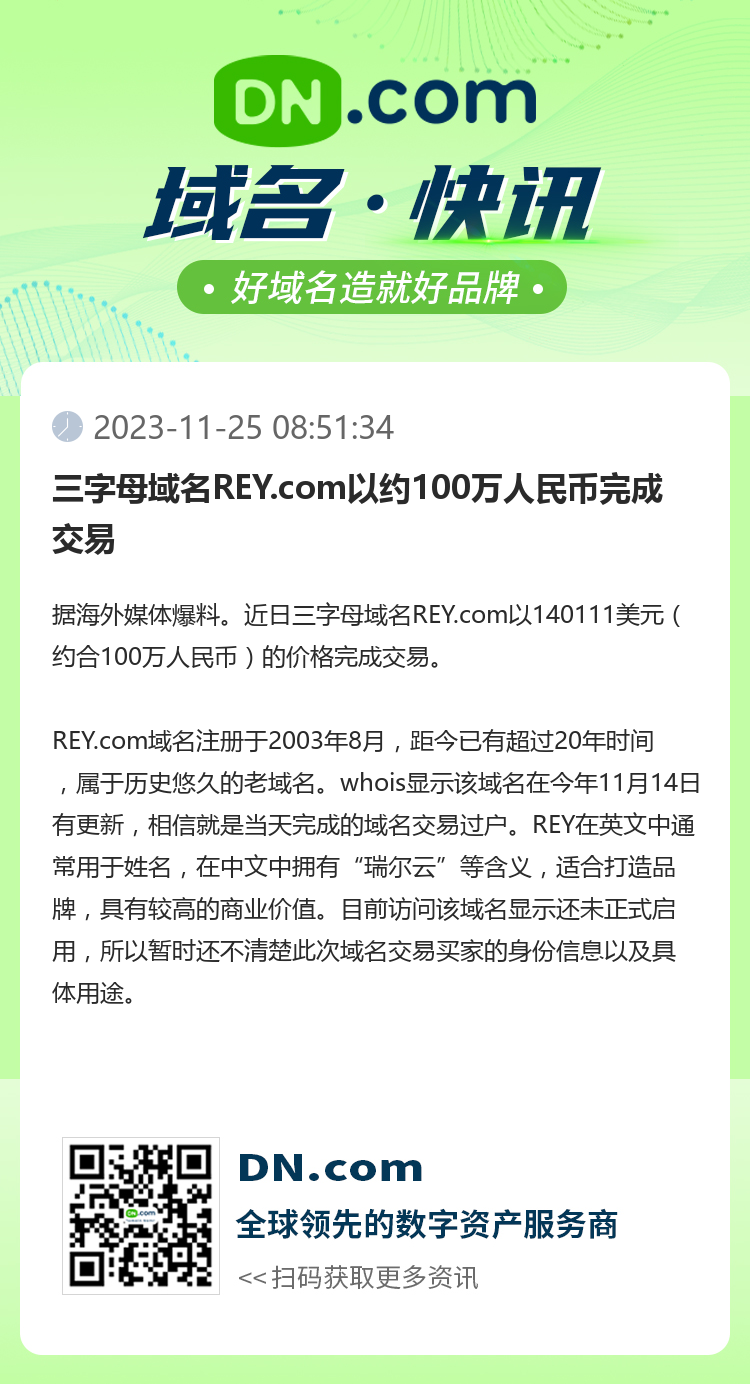 三字母域名REY.com以约100万人民币完成交易