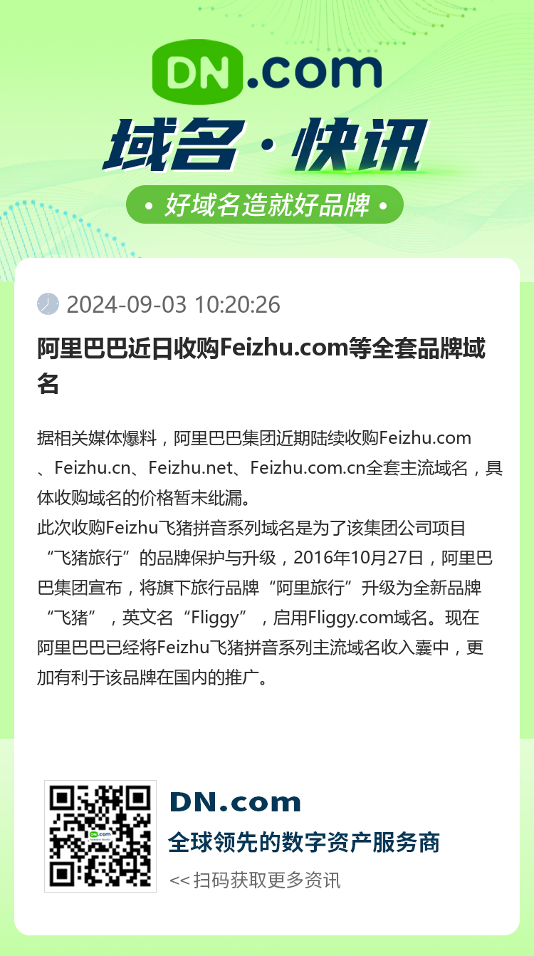 阿里巴巴近日收购Feizhu.com等全套品牌域名