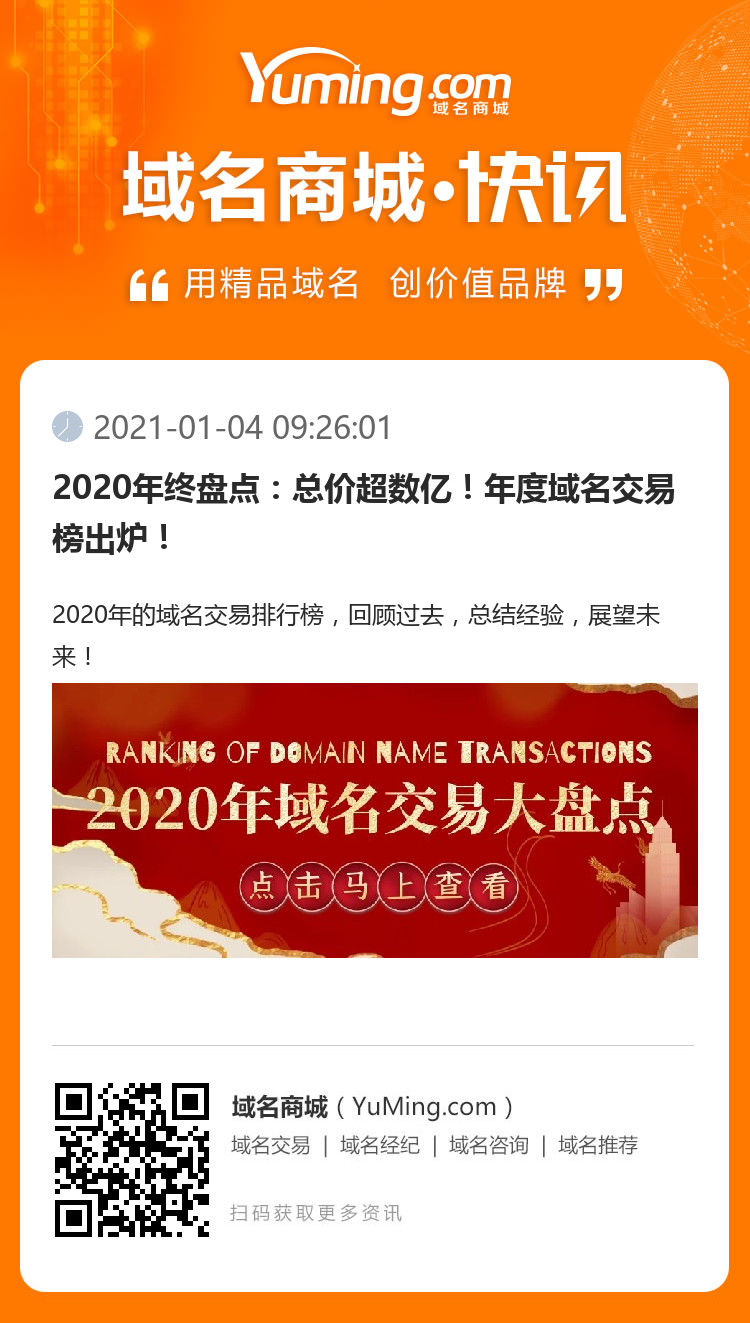 2020年终盘点：总价超数亿！年度域名交易榜出炉！