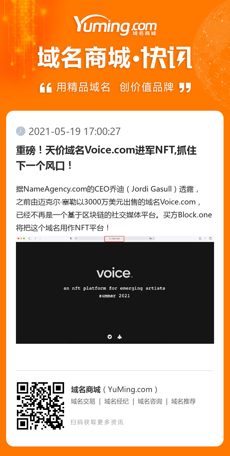 重磅！天价域名Voice.com进军NFT,抓住下一个风口！