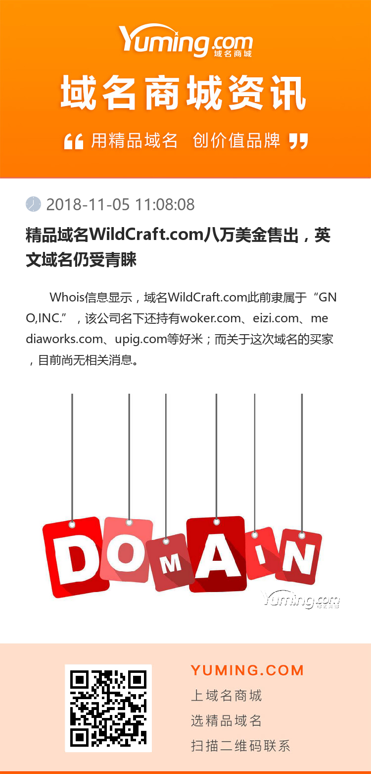 精品域名WildCraft.com八万美金售出，英文域名仍受青睐