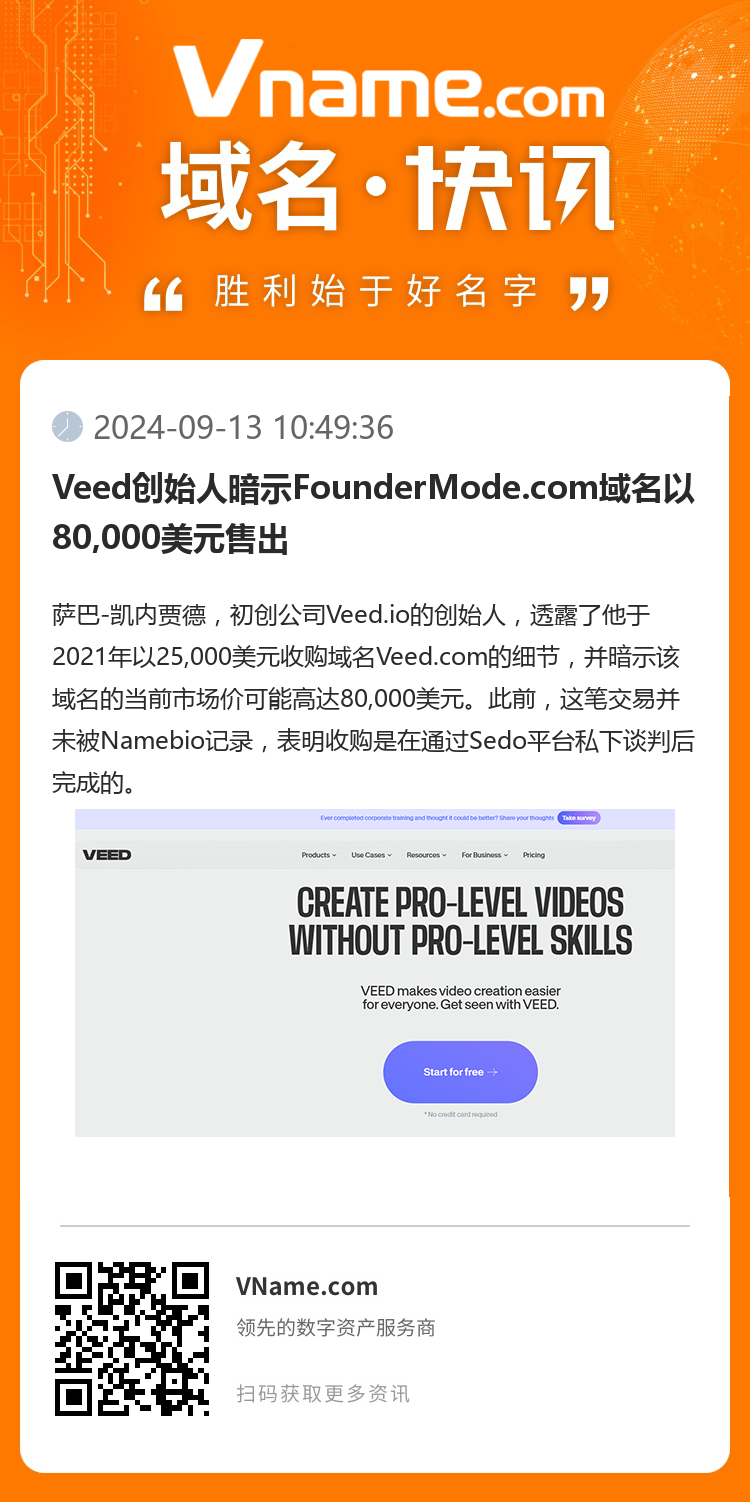 Veed创始人暗示FounderMode.com域名以80,000美元售出