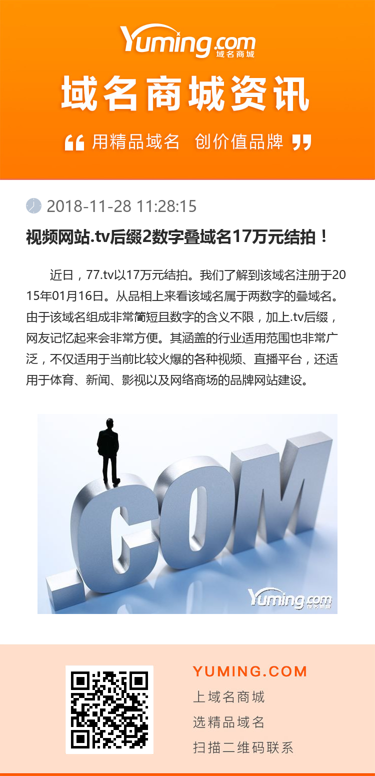 视频网站.tv后缀2数字叠域名17万元结拍！