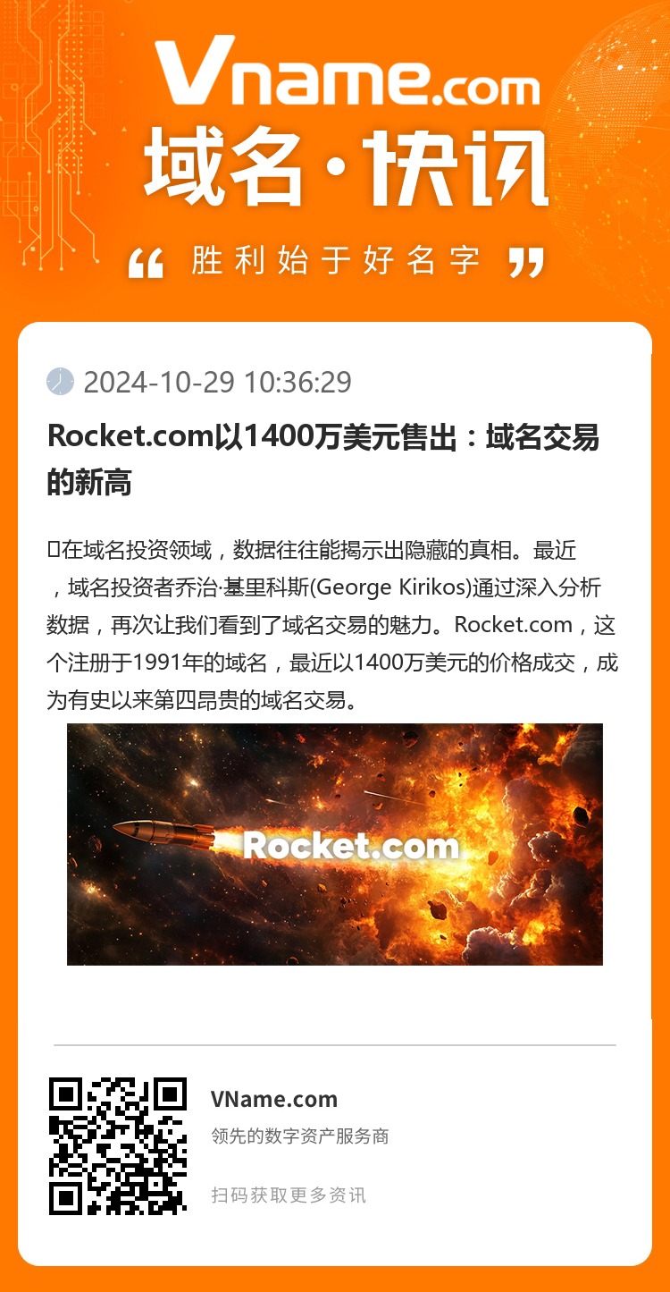 Rocket.com以1400万美元售出：域名交易的新高