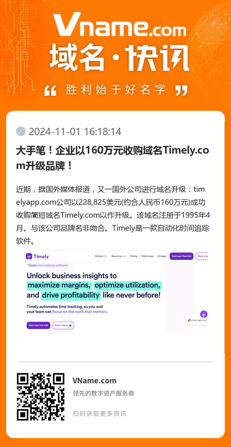 大手笔！企业以160万元收购域名Timely.com升级品牌！