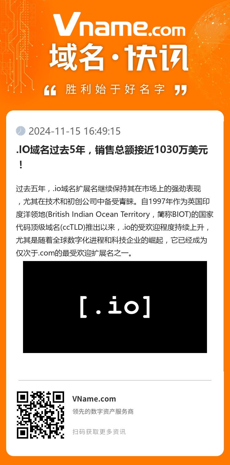 .IO域名过去5年，销售总额接近1030万美元！