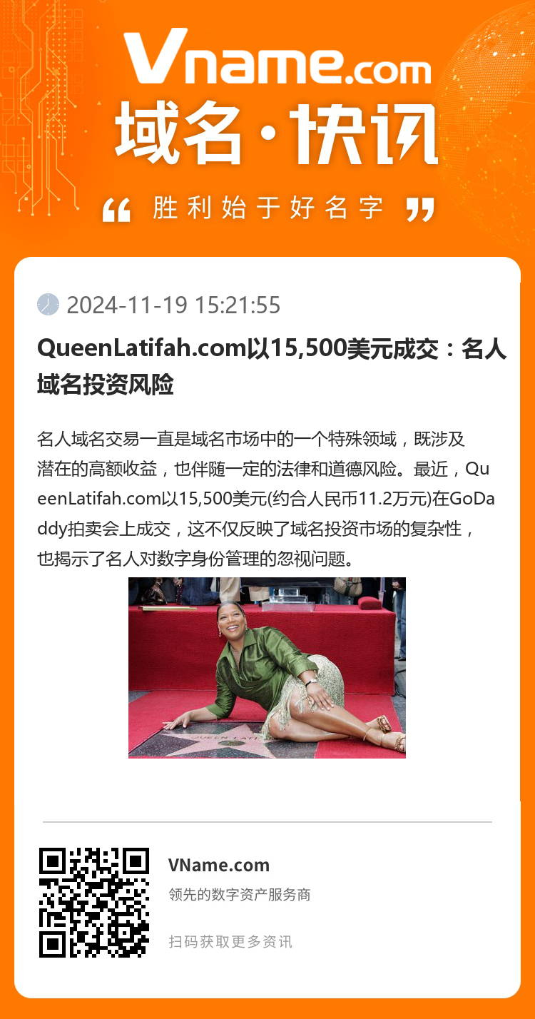 QueenLatifah.com以15,500美元成交：名人域名投资风险