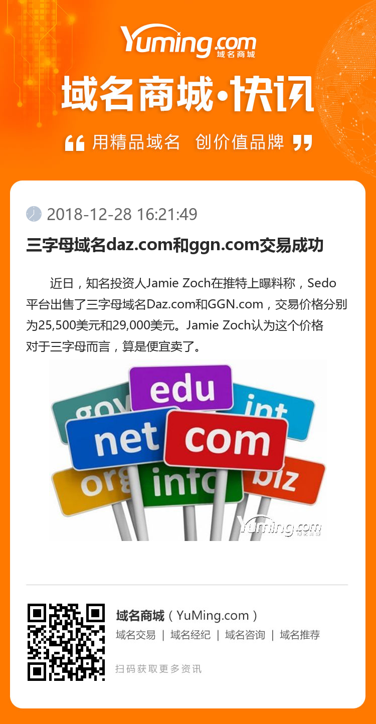 三字母域名daz.com和ggn.com交易成功