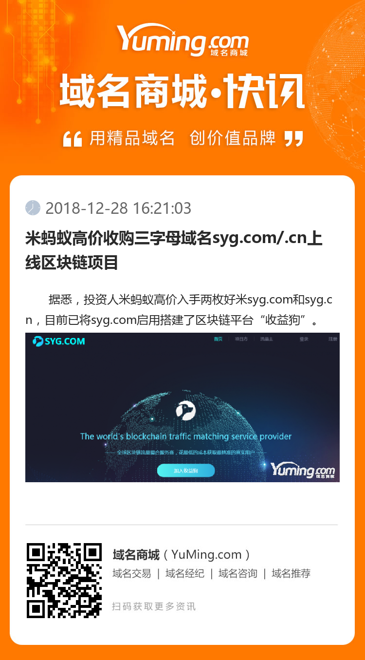 米蚂蚁高价收购三字母域名syg.com/.cn上线区块链项目