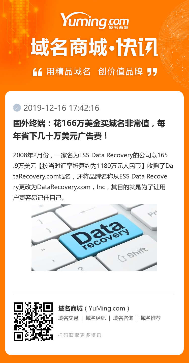 国外终端：花166万美金买域名非常值，每年省下几十万美元广告费！
