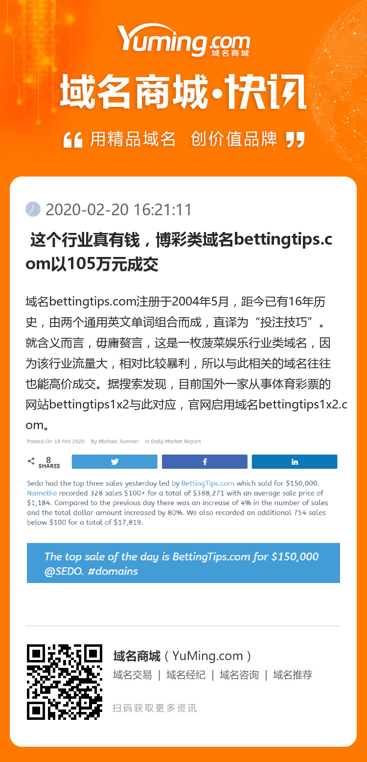  这个行业真有钱，博彩类域名bettingtips.com以105万元成交