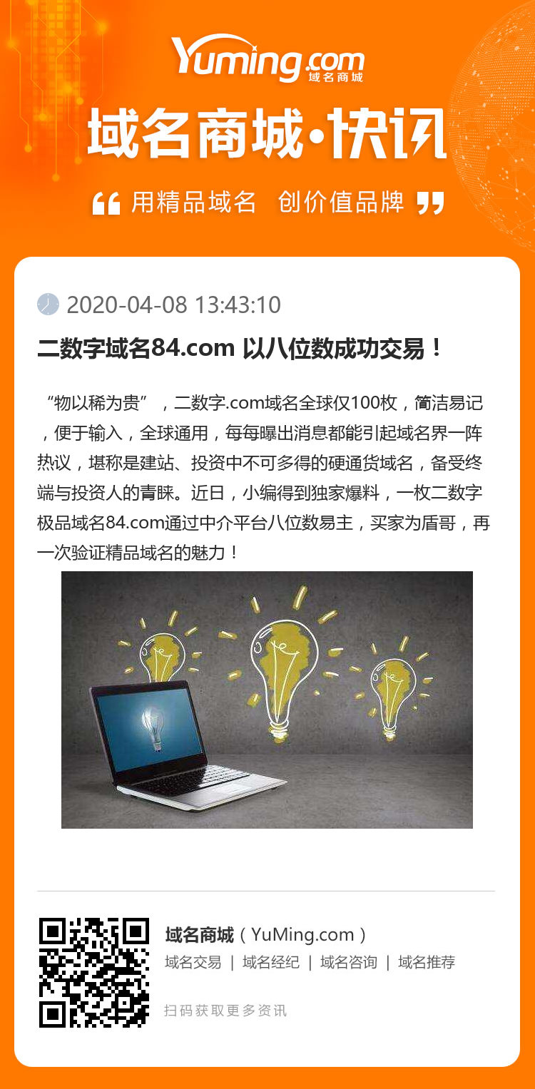 二数字域名84.com 以八位数成功交易！